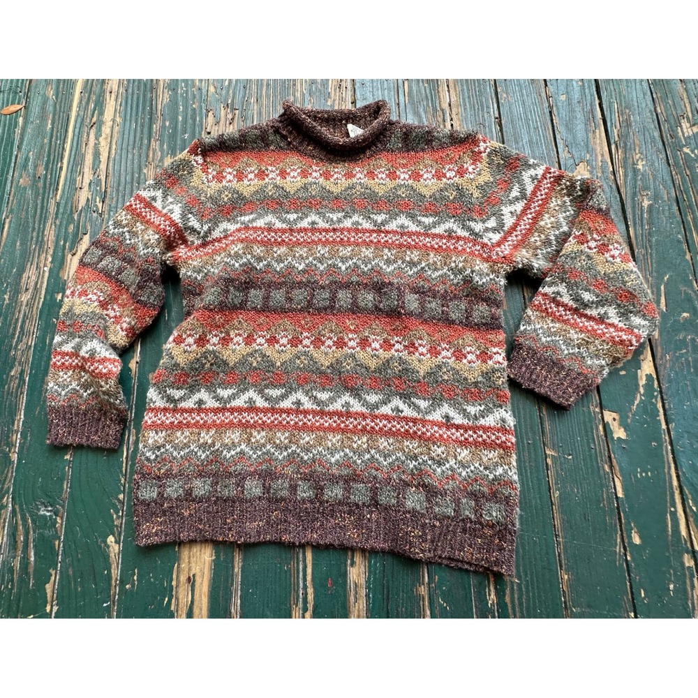 Classic Elements Petite Fair Isle Mock Neck Sweater Brown Rust Wool Blend PM